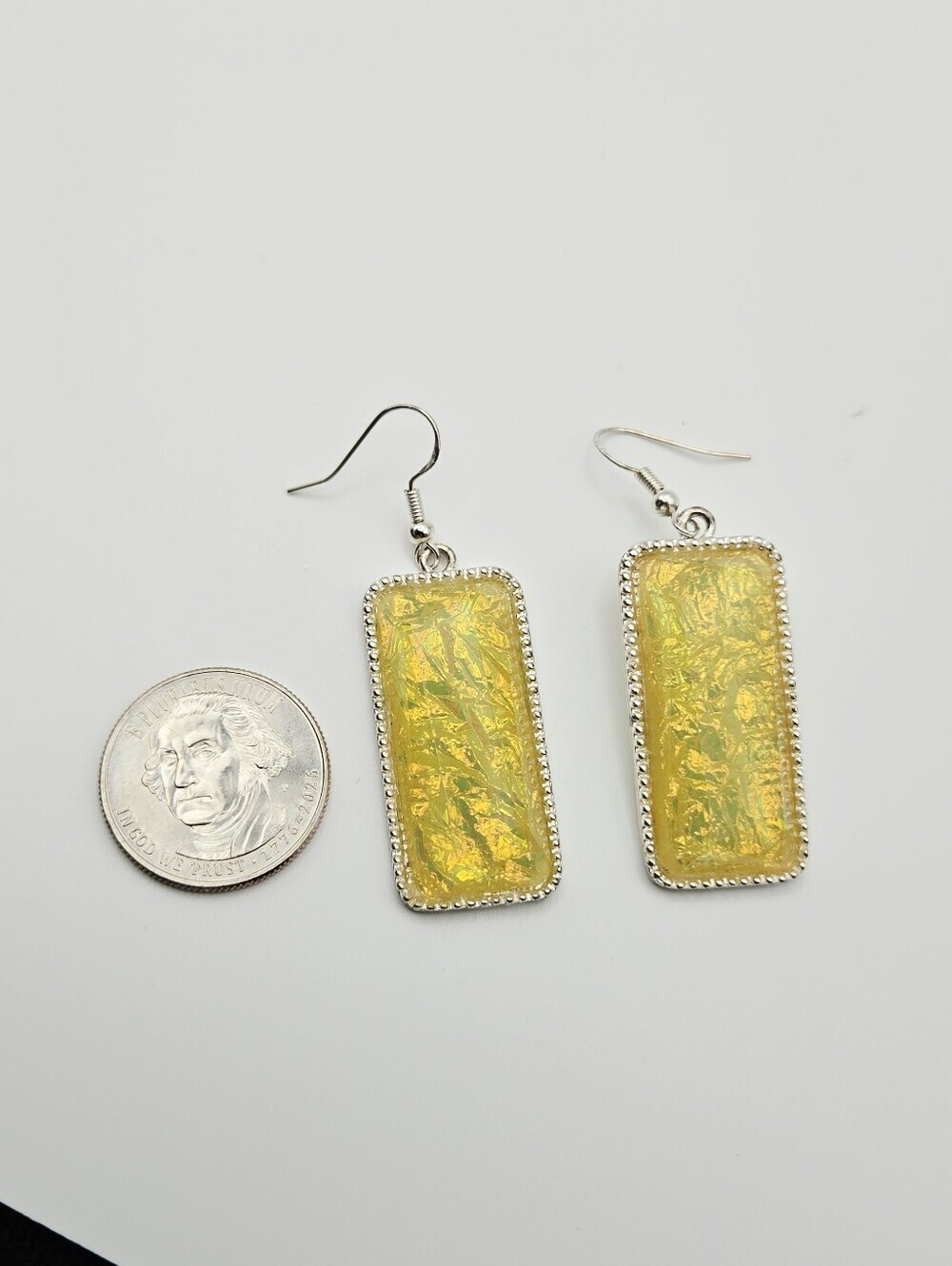 Yellow Iridescent Rectangle Drop Earrings With 925 Stering Hooks - Picture 4 of 14